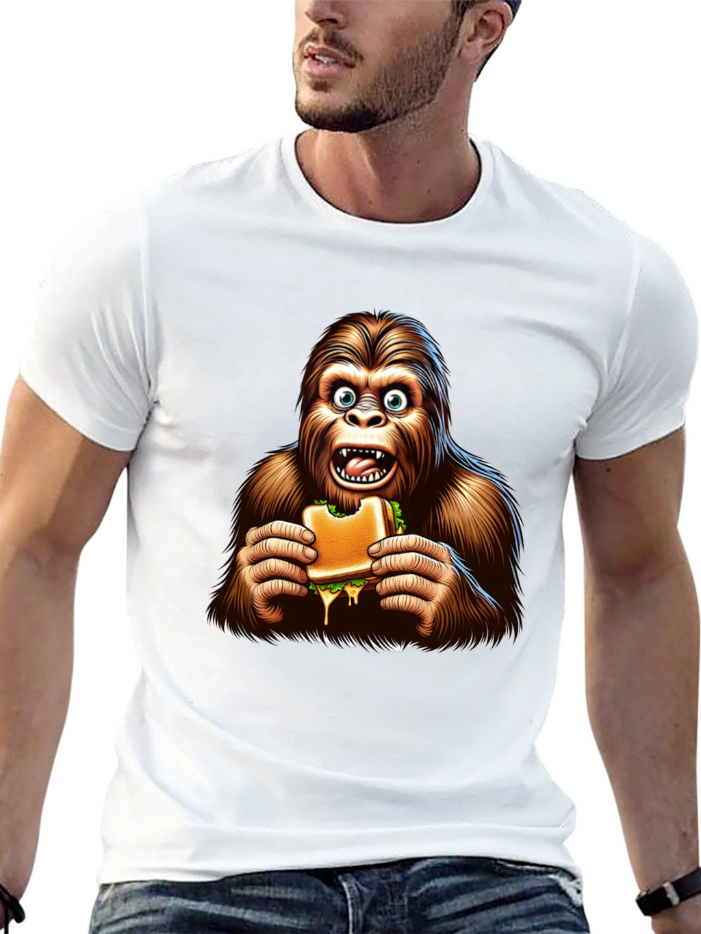 Bigfoot Eating Sandwich Funny Graphic Tee