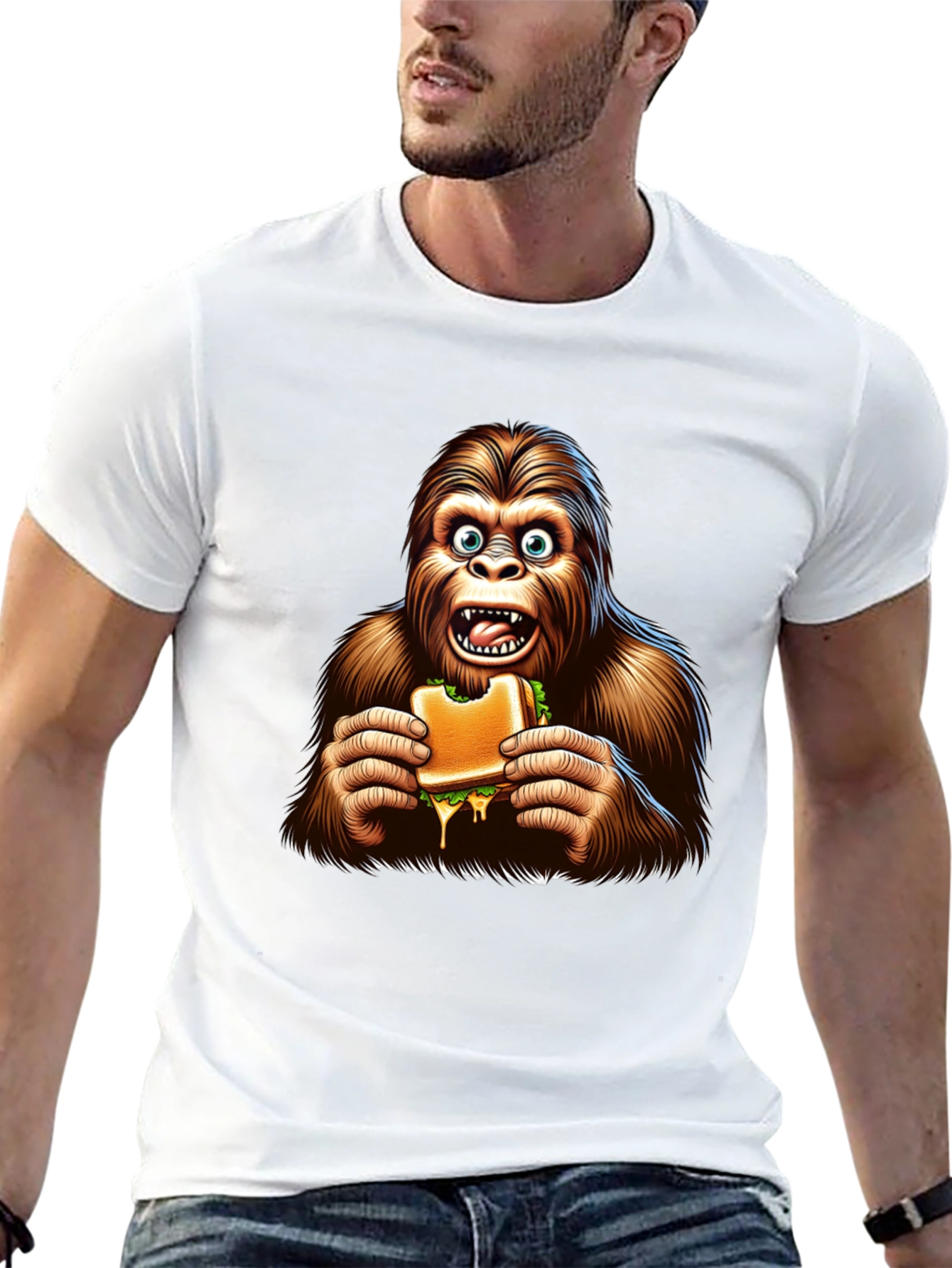 Bigfoot Eating Sandwich Funny Graphic Tee
