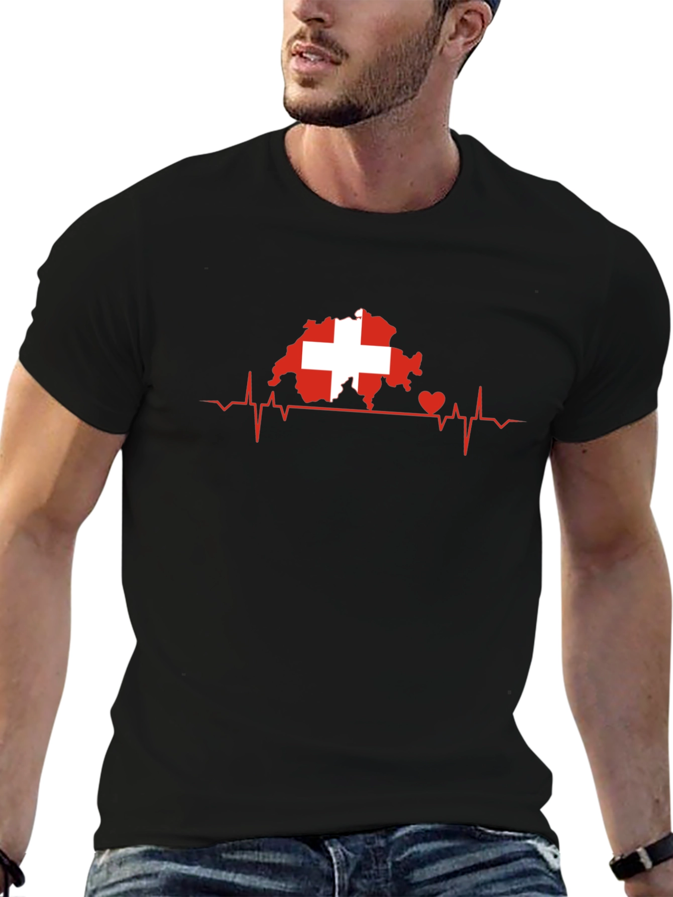 Swiss Heartbeat Tee - Black Cotton Switzerland Love Shirt