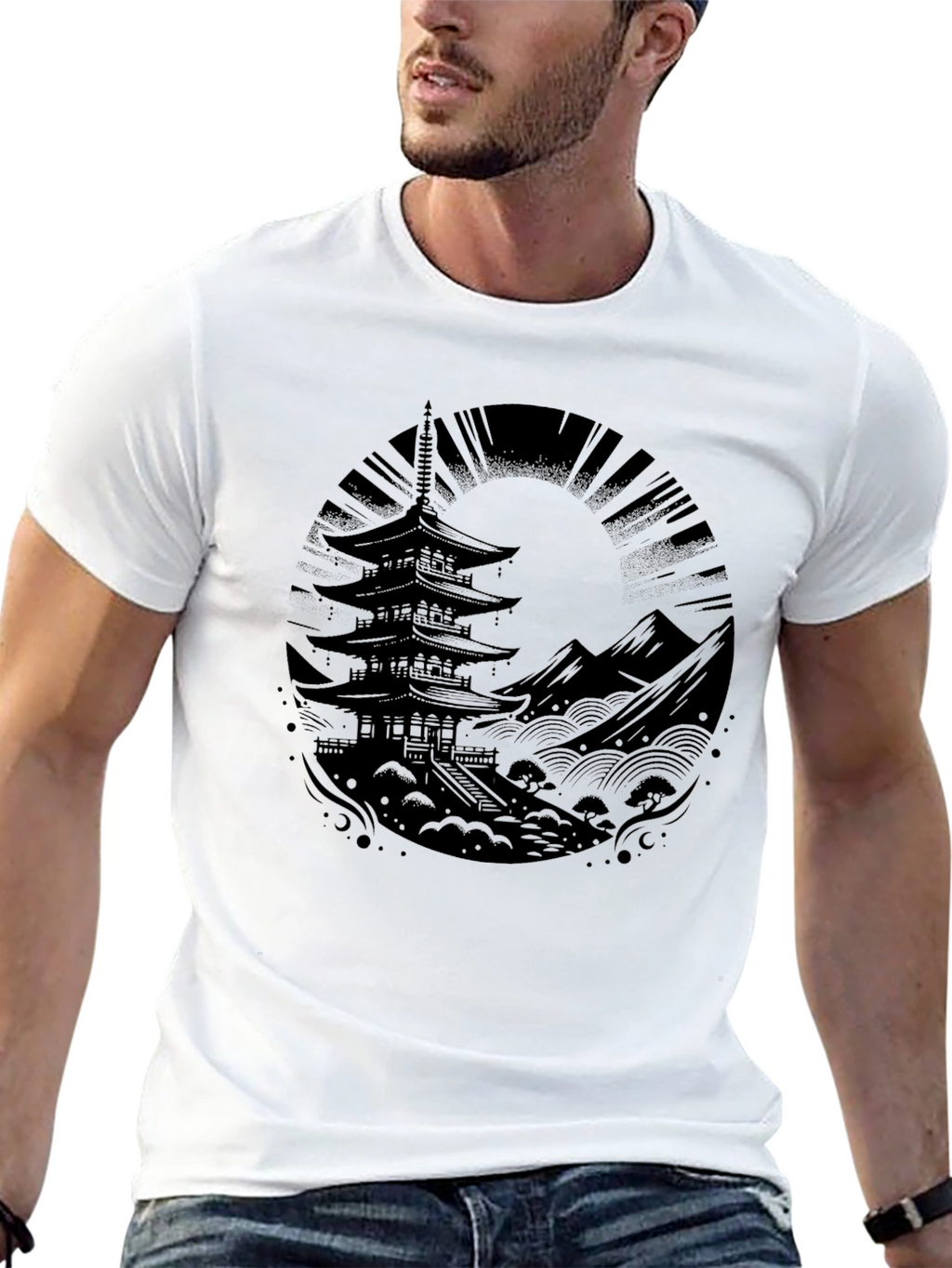 Mens Black Pagoda Graphic Tee - Stylish & Unique!