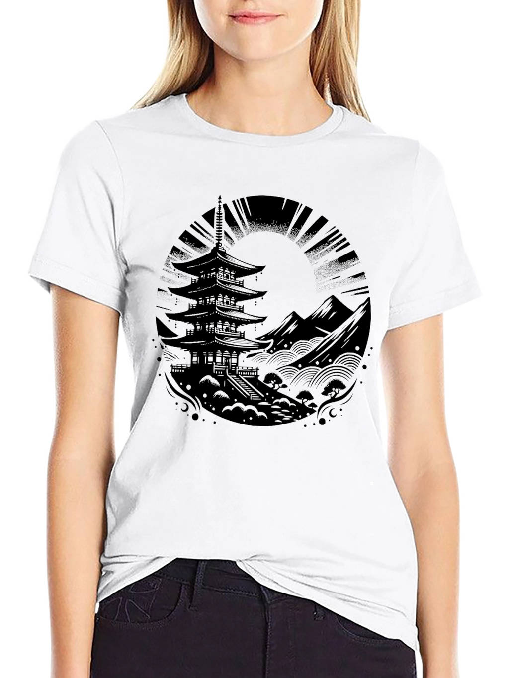 Mens Black Pagoda Graphic Tee - Stylish & Unique!