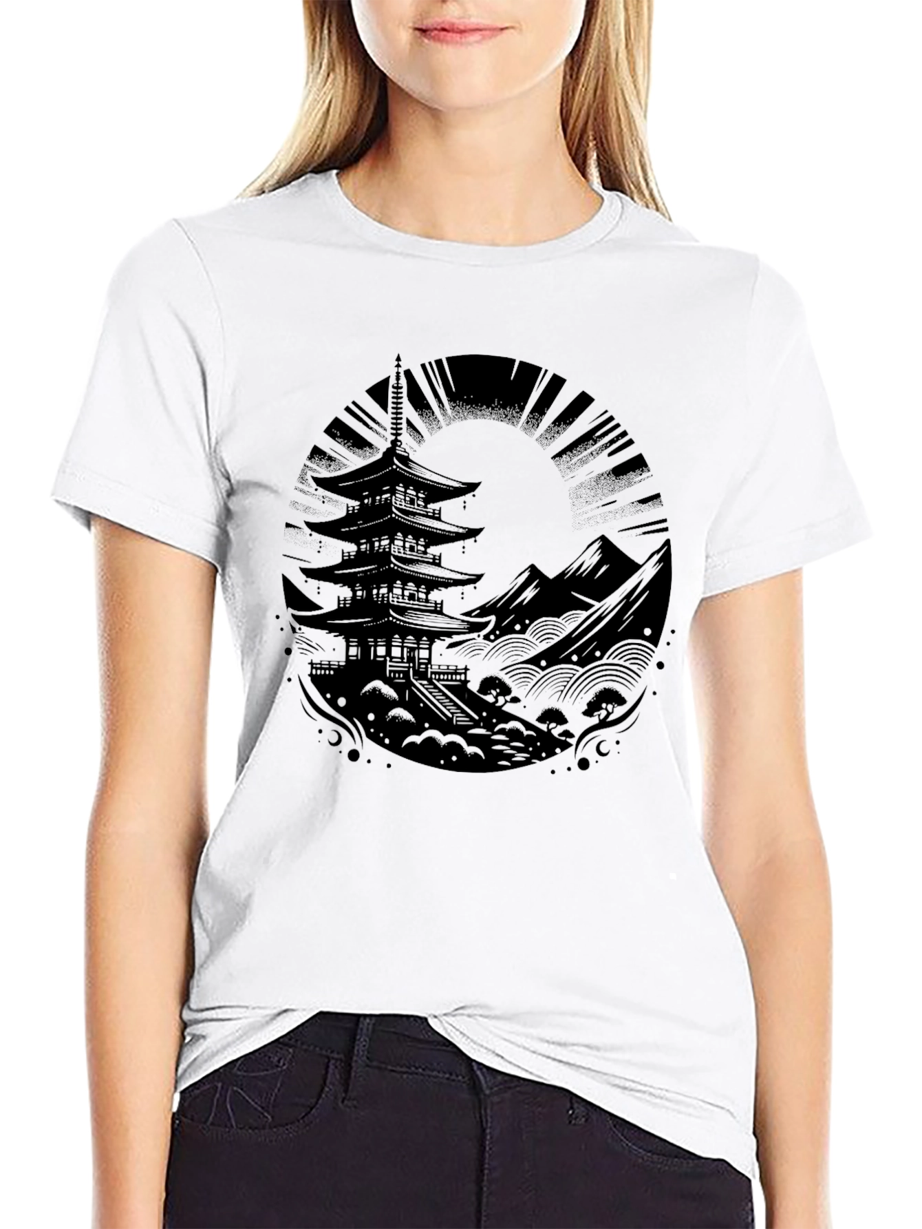 Mens Black Pagoda Graphic Tee - Stylish & Unique!