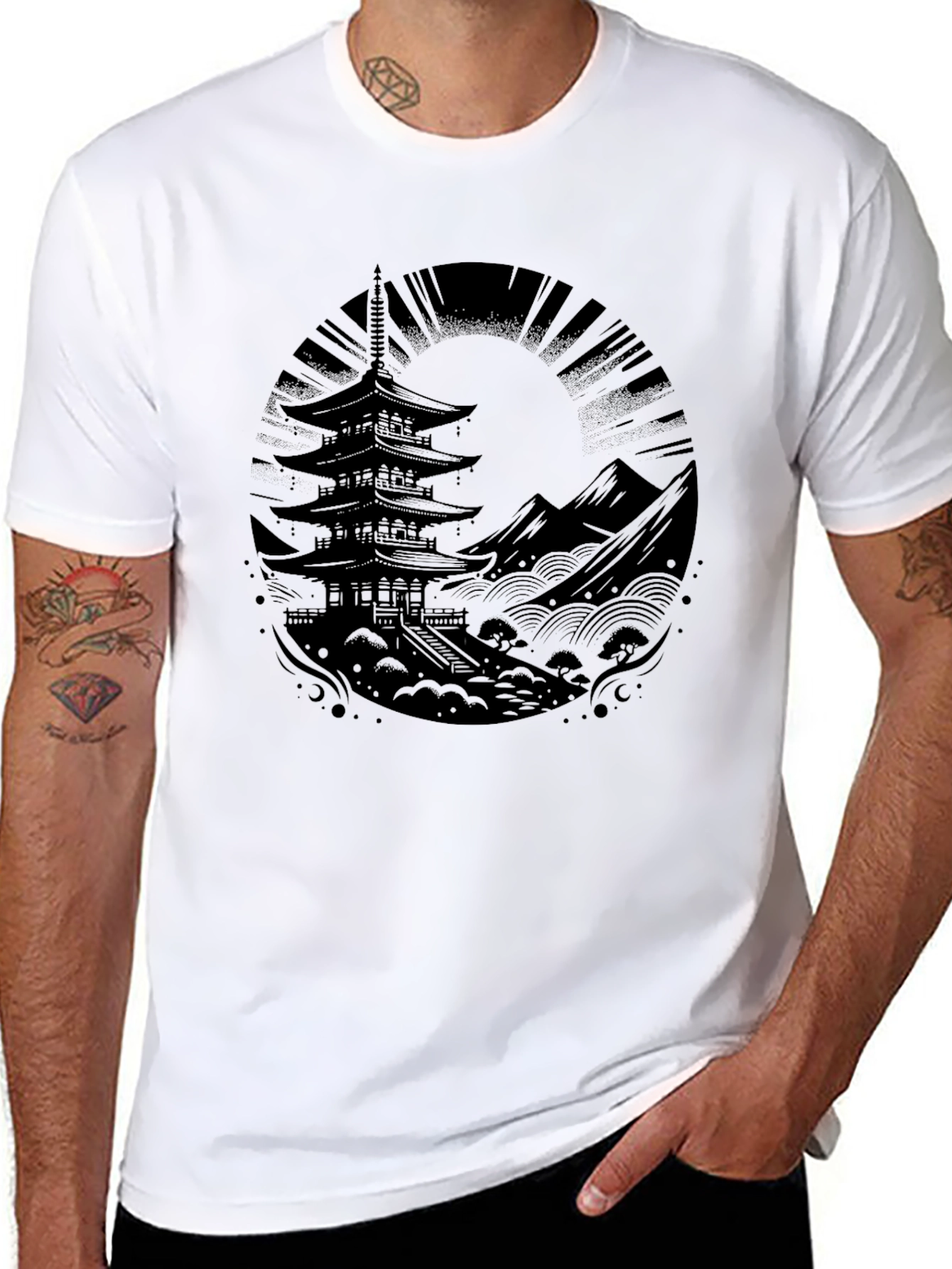 Mens Black Pagoda Graphic Tee - Stylish & Unique!