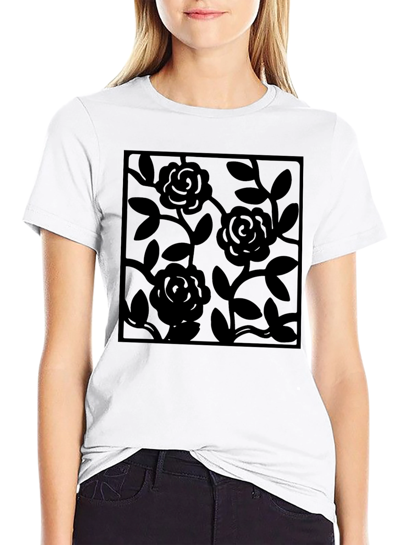 Black Rose Vine Graphic Tee - Modern Floral Design