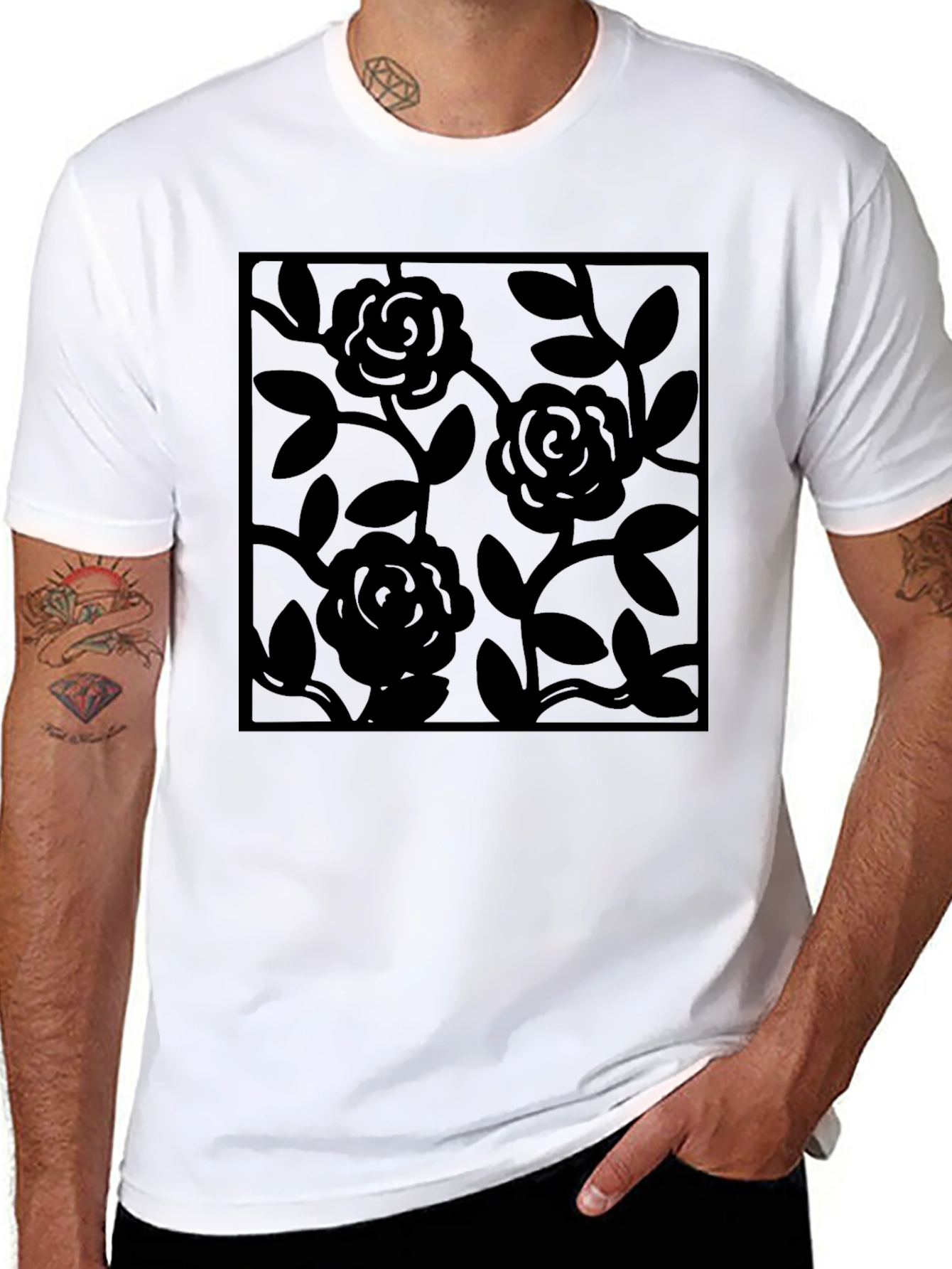 Black Rose Vine Graphic Tee - Modern Floral Design