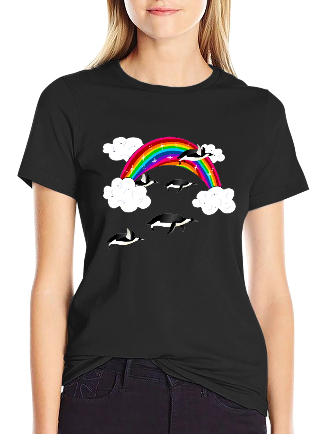 Rainbow Penguin T-Shirt - Black Cotton Graphic Tee