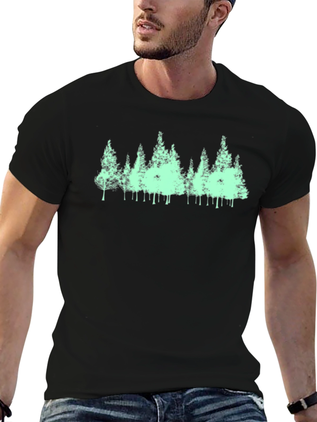 Mens Black T-Shirt with Green Forest Print