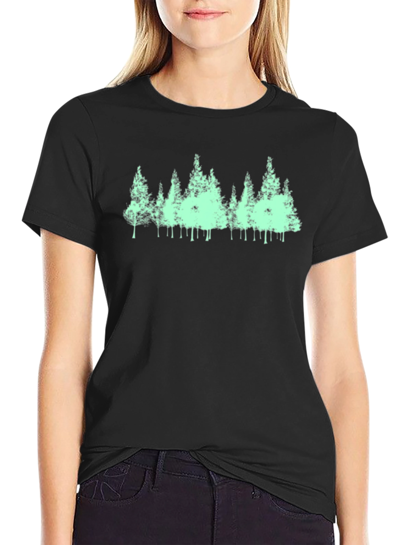 Mens Black T-Shirt with Green Forest Print