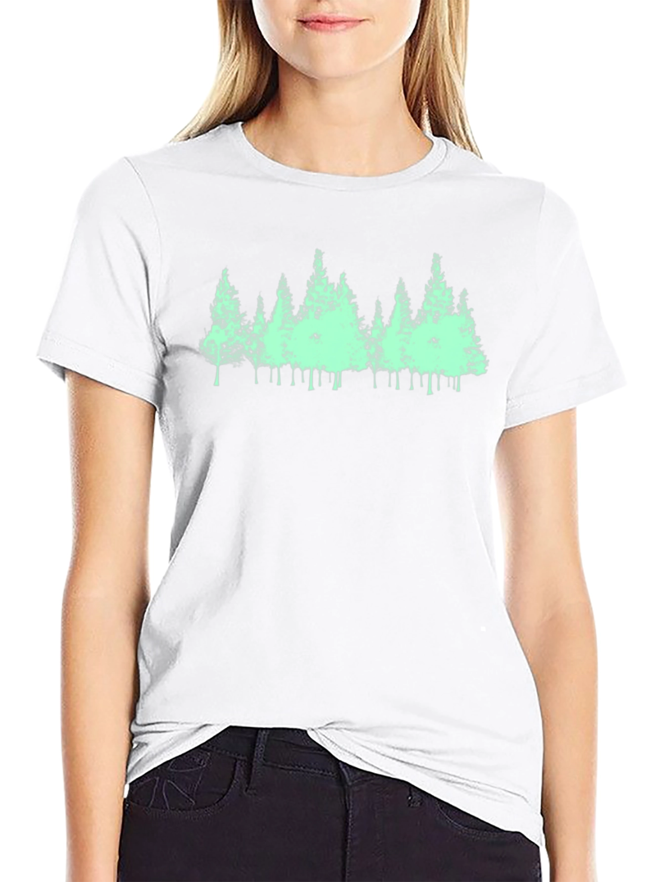 Mens Black T-Shirt with Green Forest Print