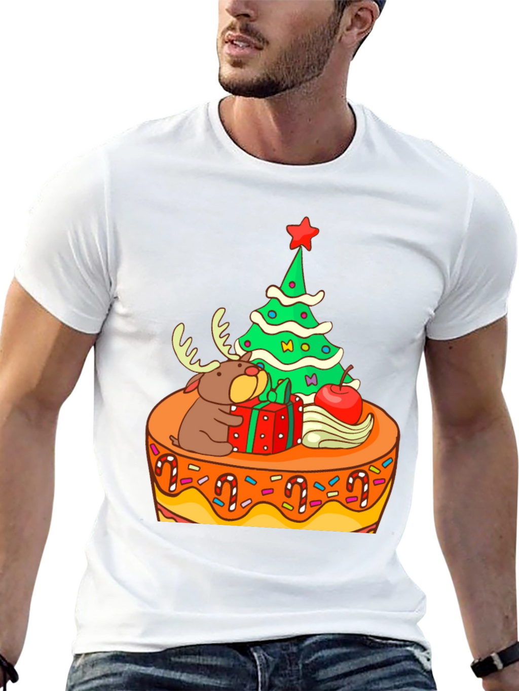 Festive Christmas Tree & Reindeer Graphic Tee