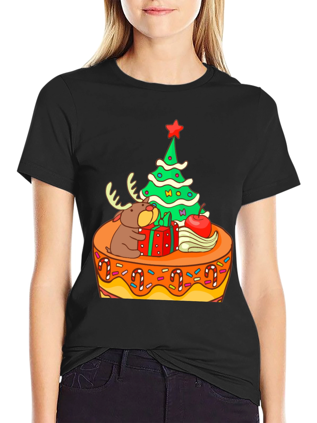 Festive Christmas Tree & Reindeer Graphic Tee