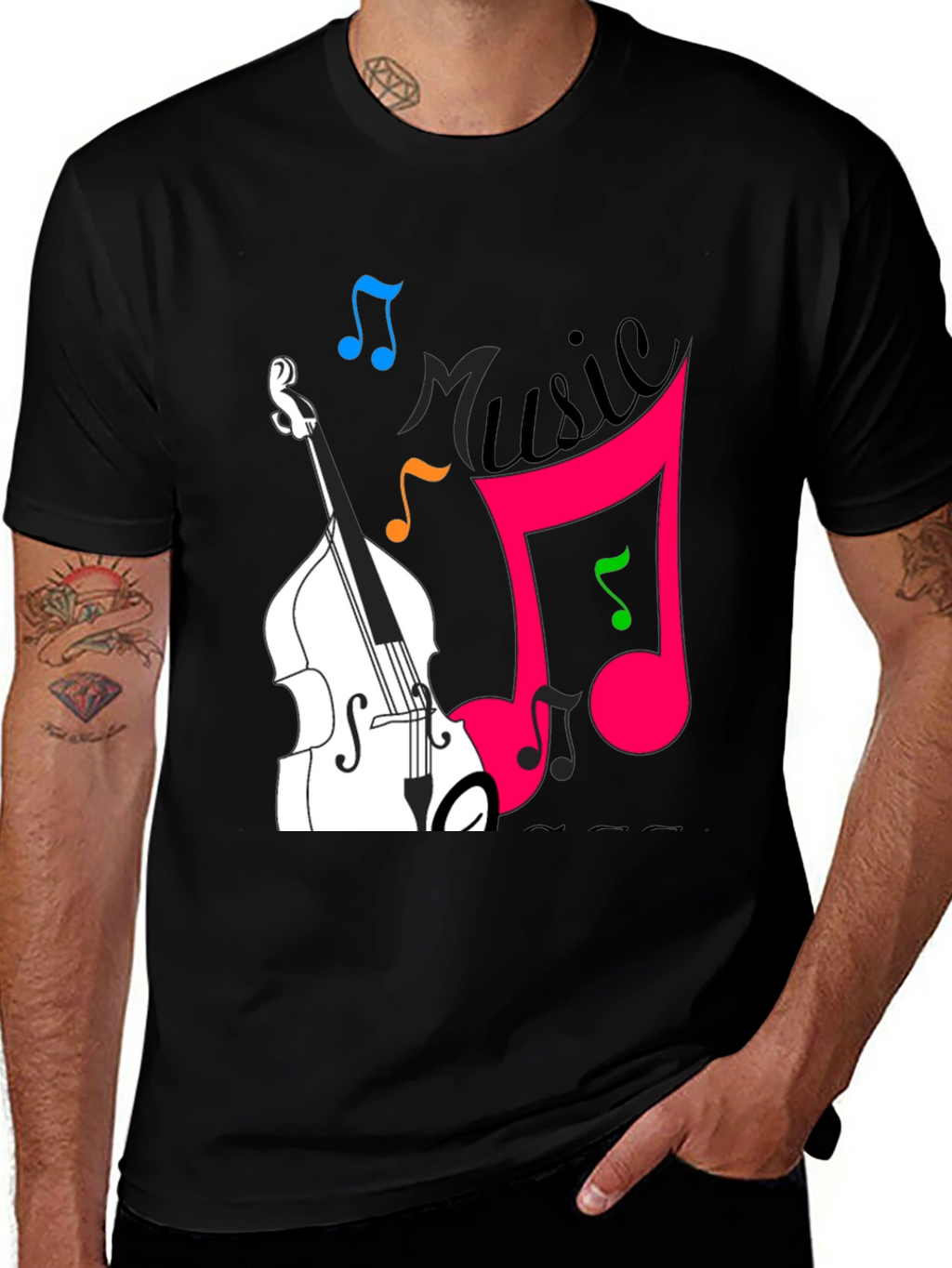 Music Lovers Black T-Shirt with Instrument Design