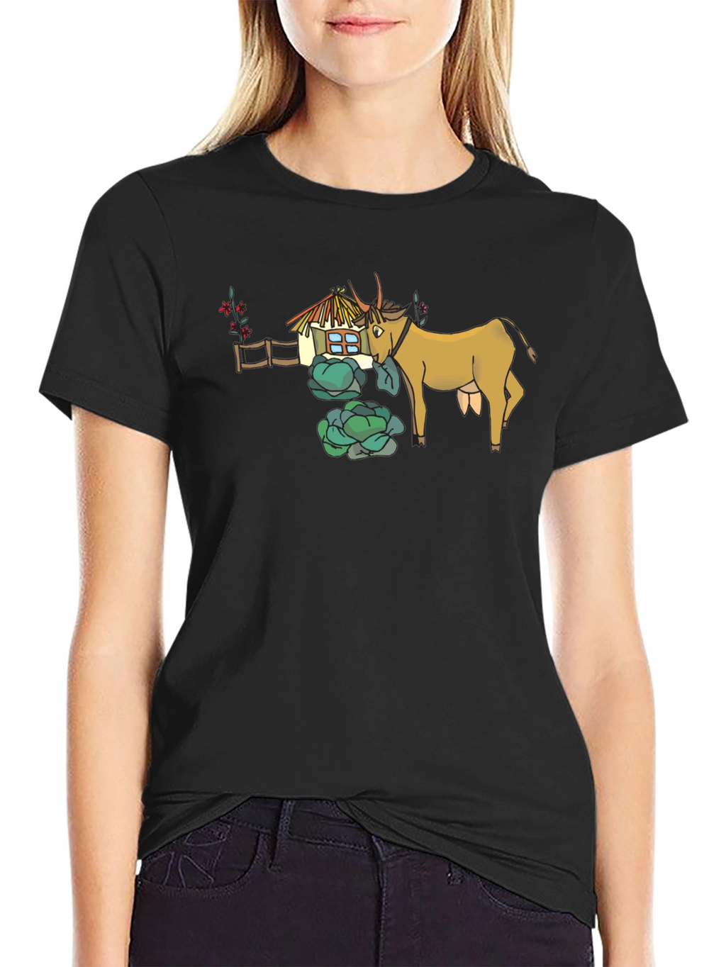 Quirky Cow & Farmhouse Graphic Tee - Black