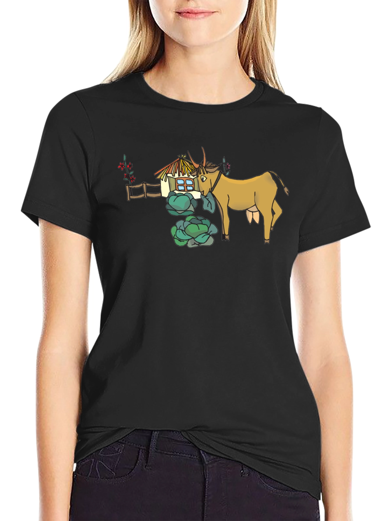 Quirky Cow & Farmhouse Graphic Tee - Black