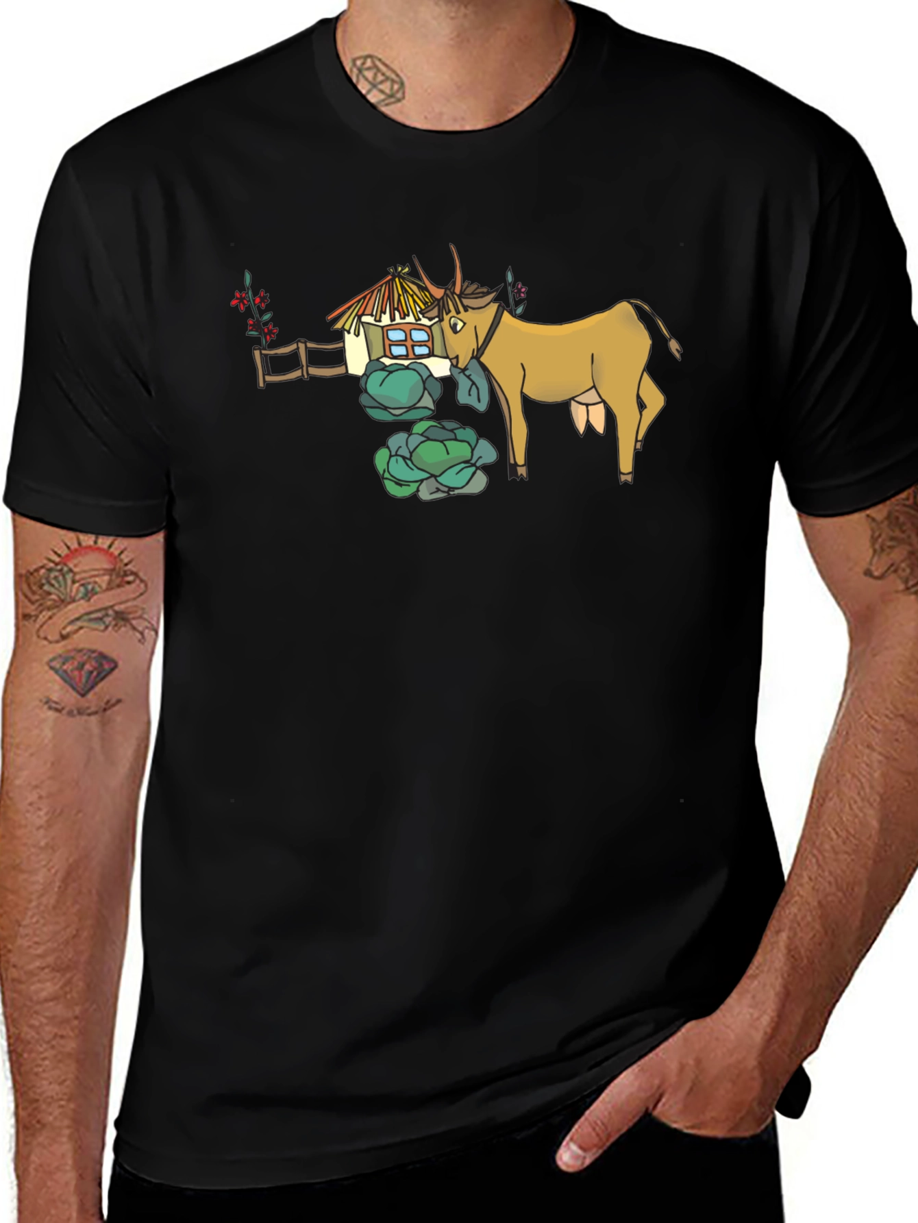 Quirky Cow & Farmhouse Graphic Tee - Black