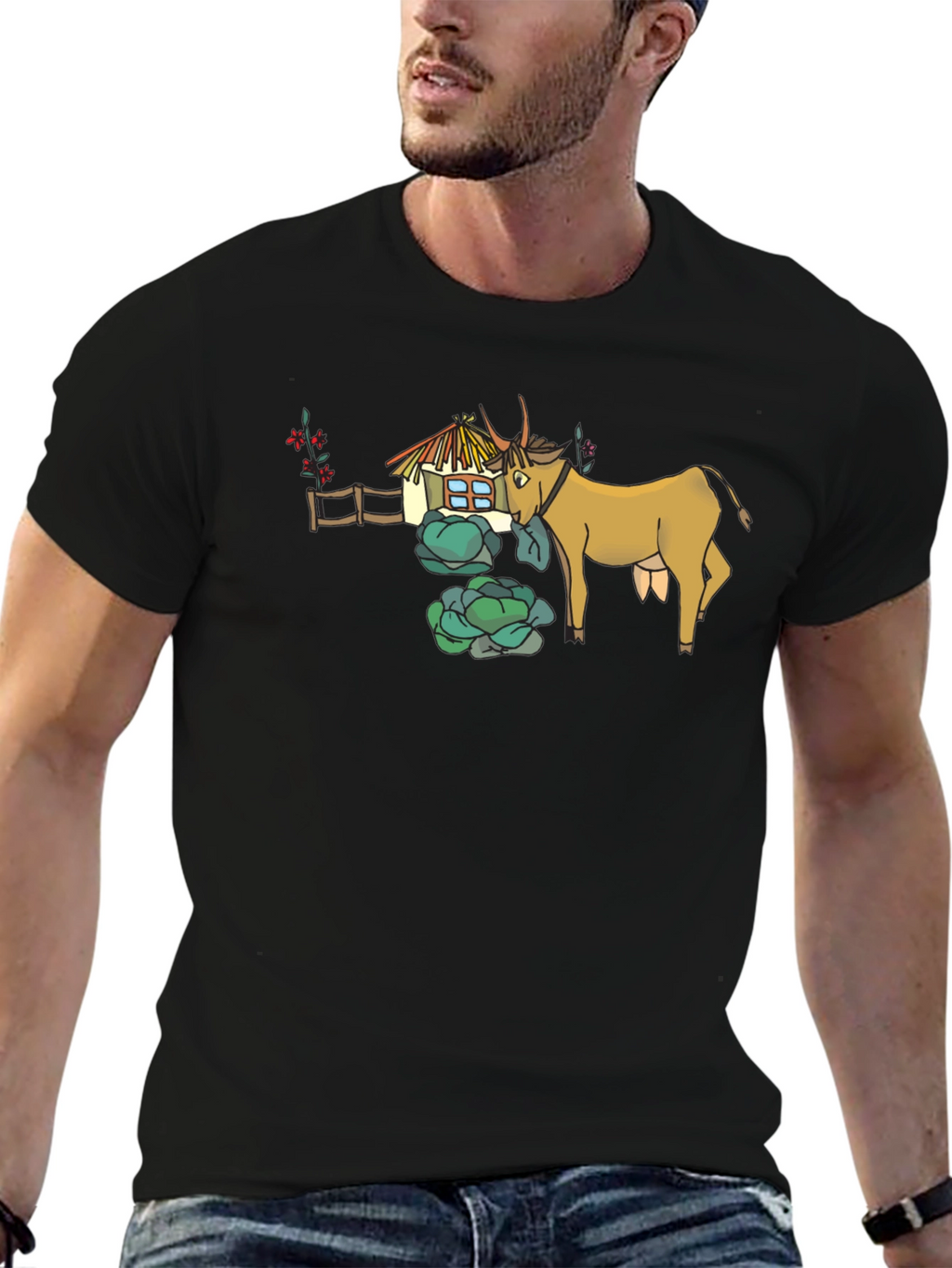 Quirky Cow & Farmhouse Graphic Tee - Black