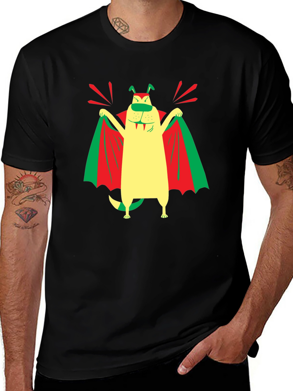Funny Dog Vampire Graphic T-Shirt - Black