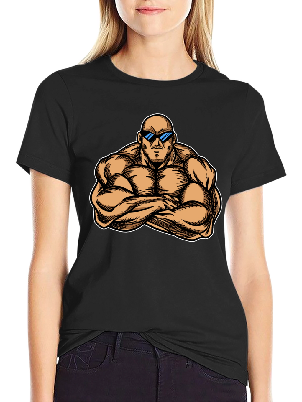 Muscled Cartoon Man Black Graphic Tee