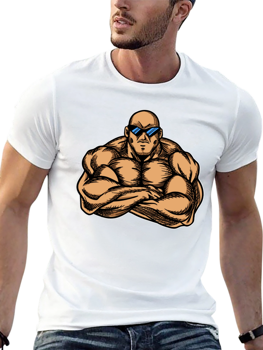 Muscled Cartoon Man Black Graphic Tee
