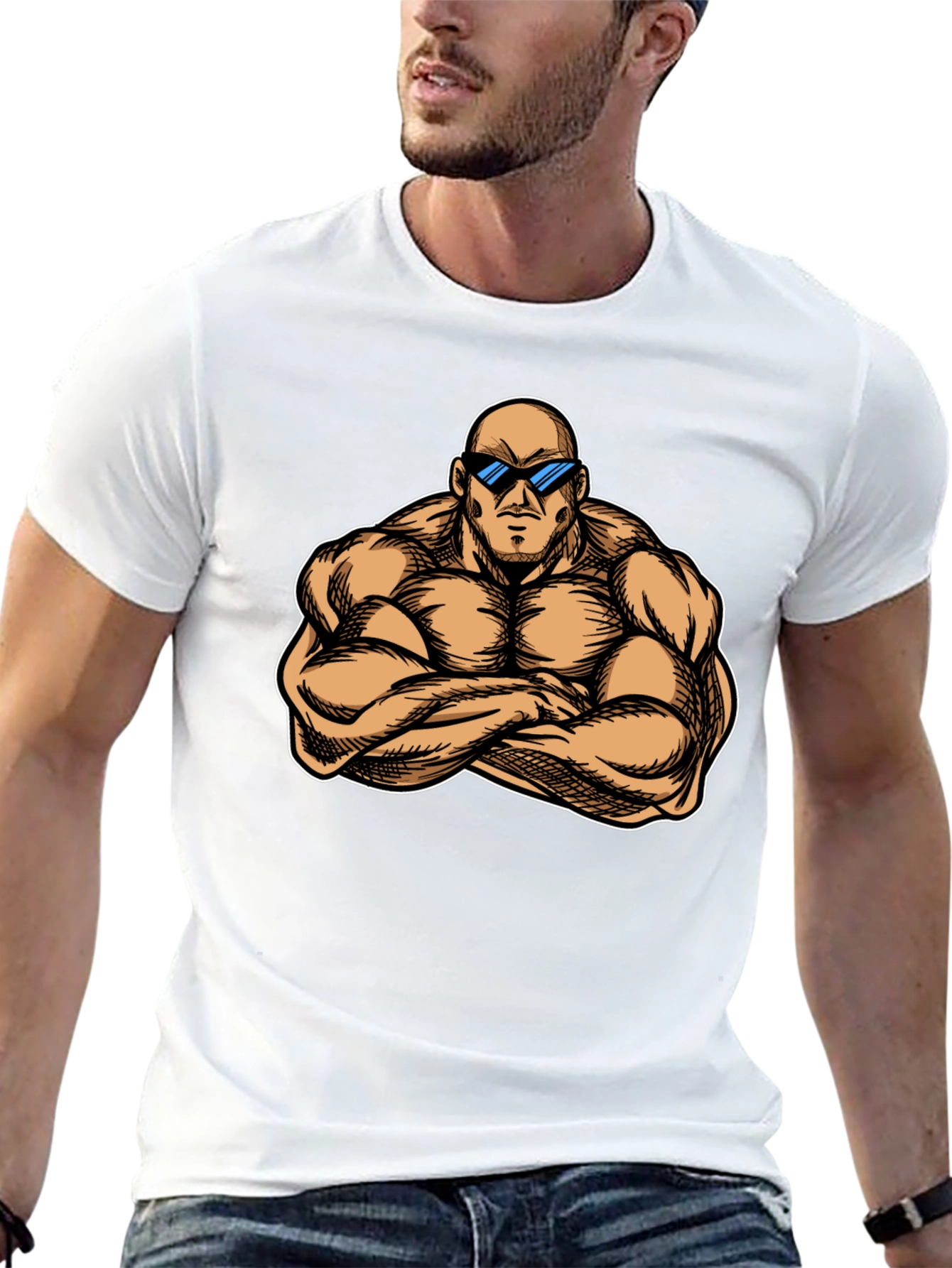 Muscled Cartoon Man Black Graphic Tee