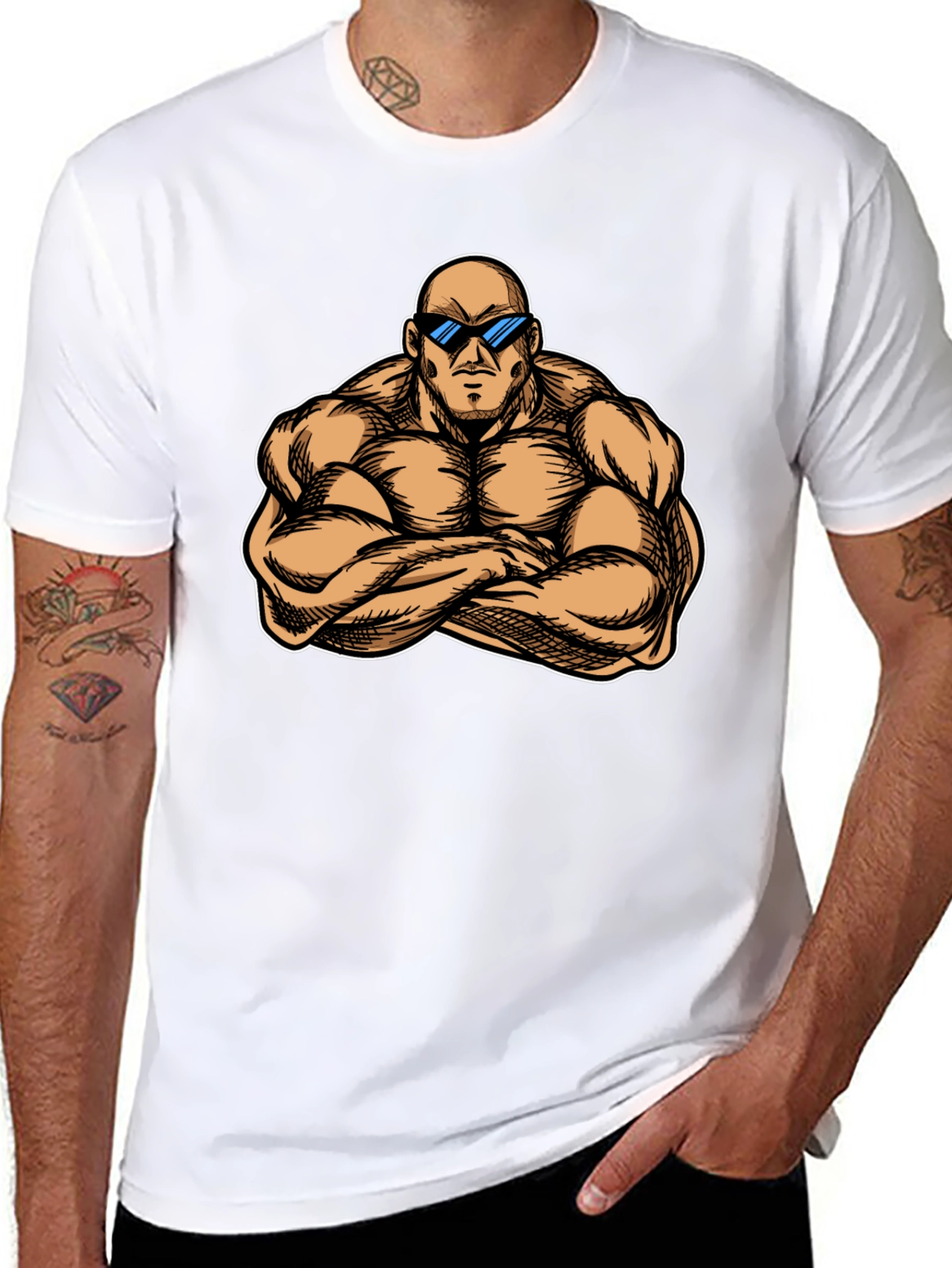 Muscled Cartoon Man Black Graphic Tee