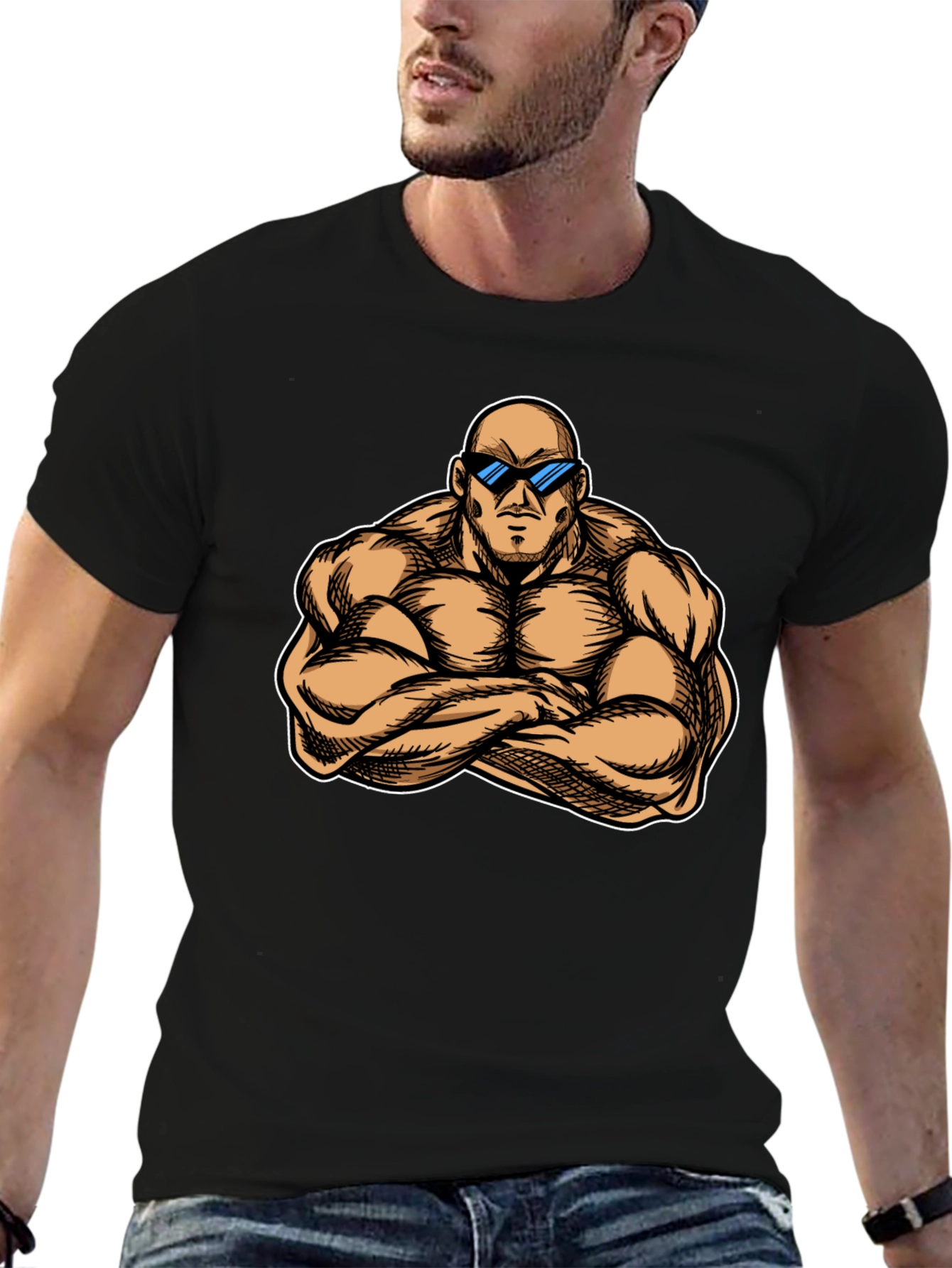 Muscled Cartoon Man Black Graphic Tee