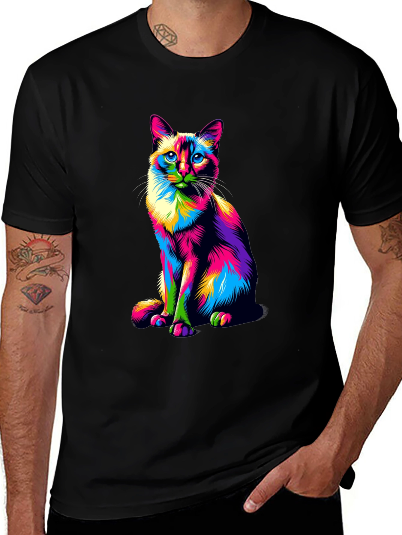 Colorful Cat Graphic T-Shirt - Black Cotton Tee