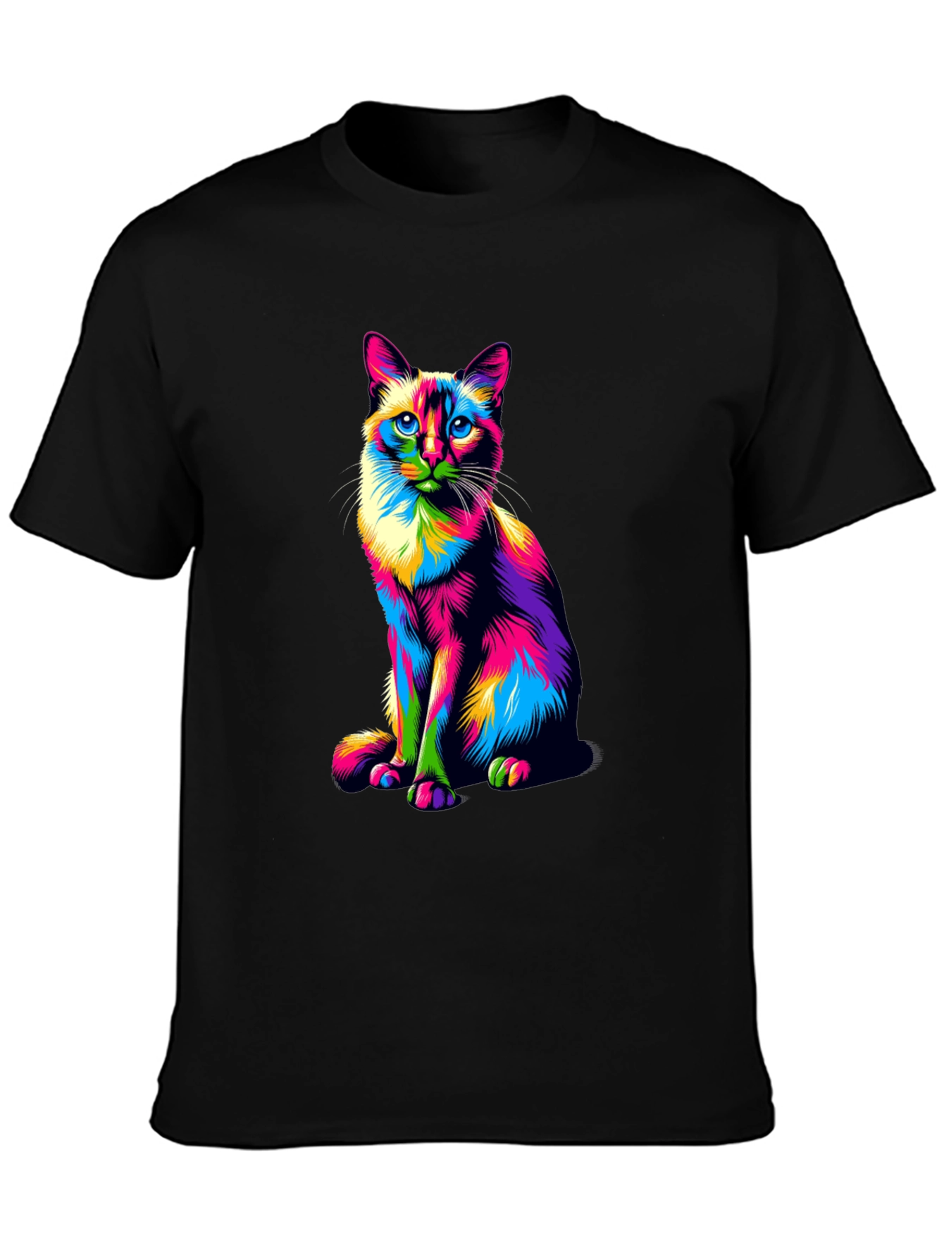 Colorful Cat Graphic T-Shirt - Black Cotton Tee