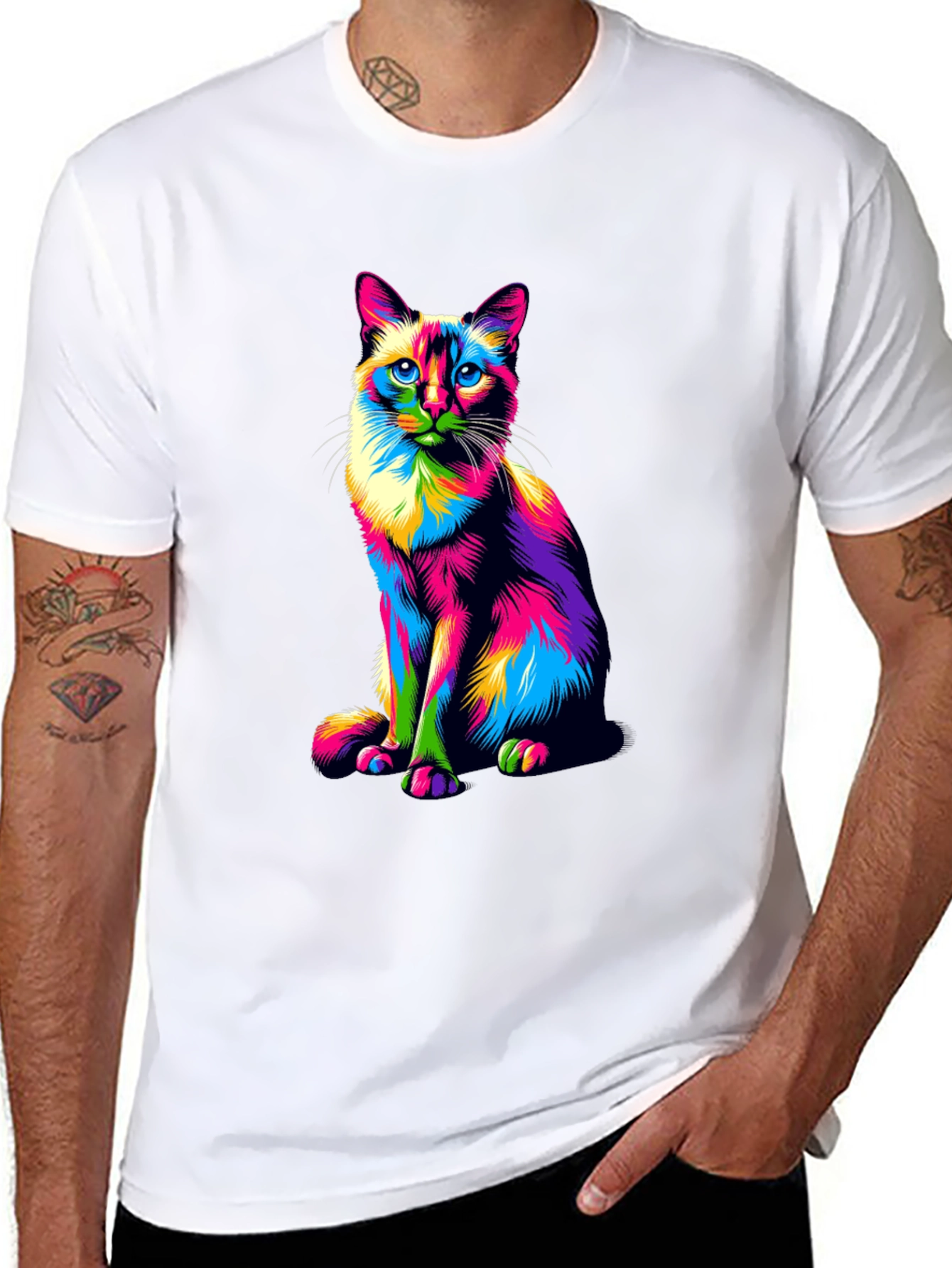 Colorful Cat Graphic T-Shirt - Black Cotton Tee