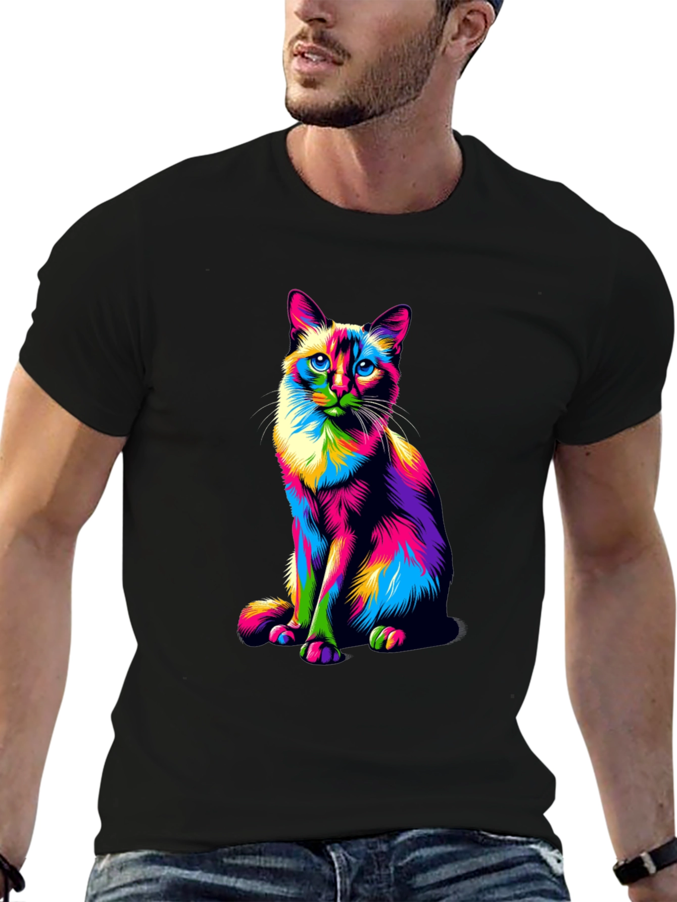 Colorful Cat Graphic T-Shirt - Black Cotton Tee