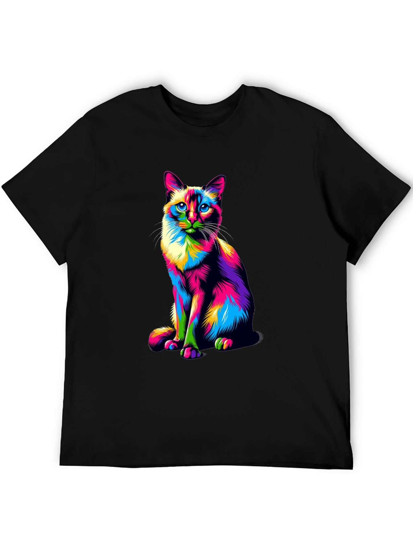 Colorful Cat Graphic T-Shirt - Black Cotton Tee