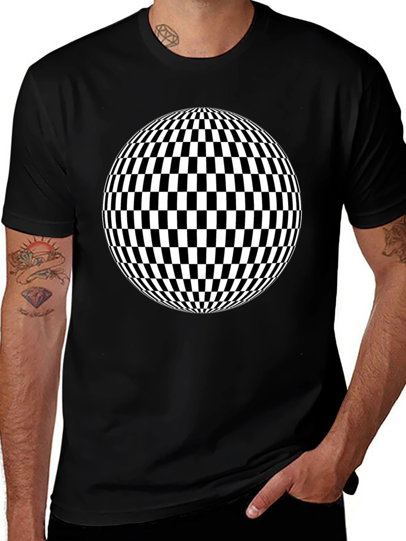 Optical Illusion Checkered Sphere Black T-Shirt