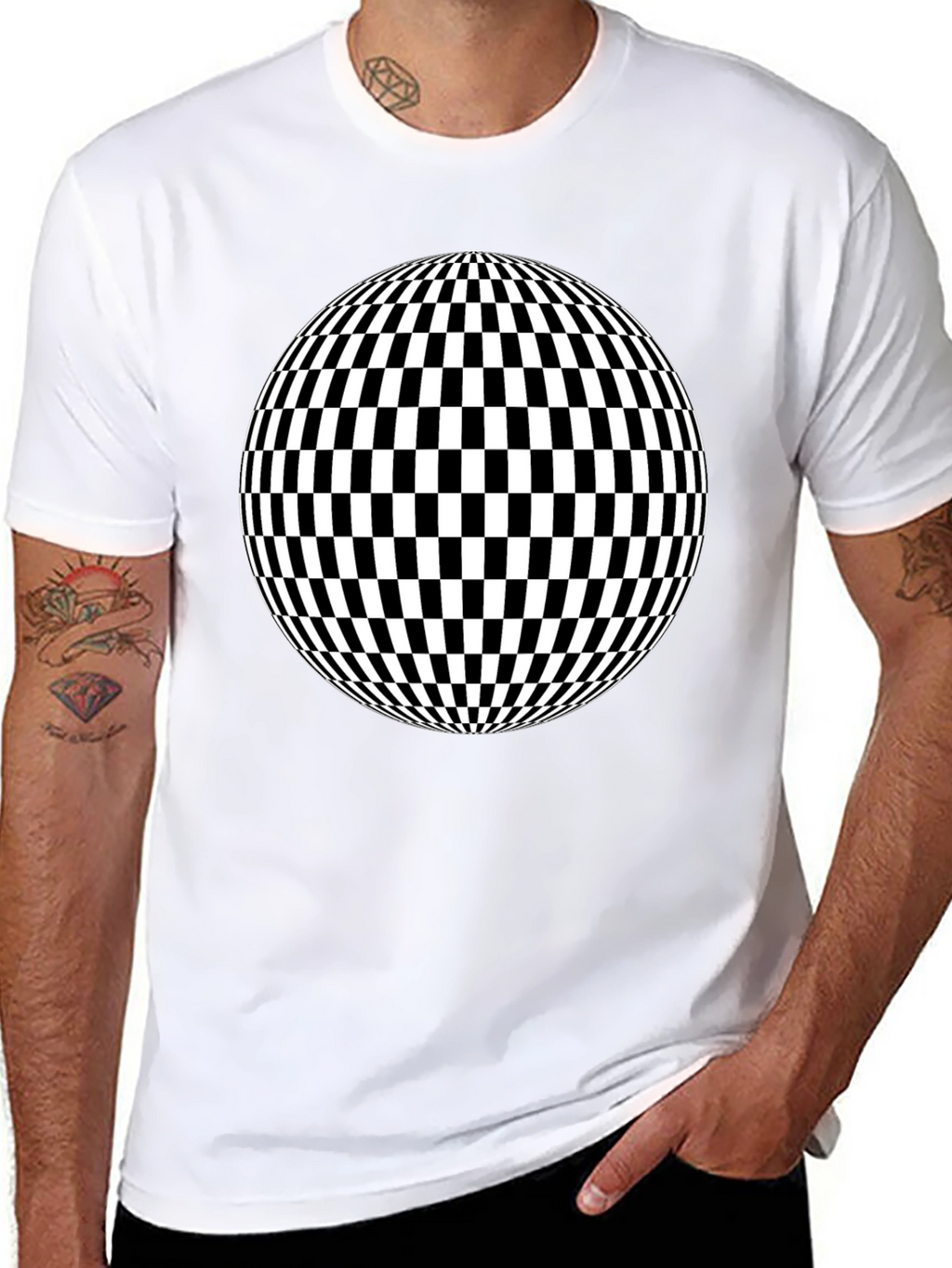 Optical Illusion Checkered Sphere Black T-Shirt