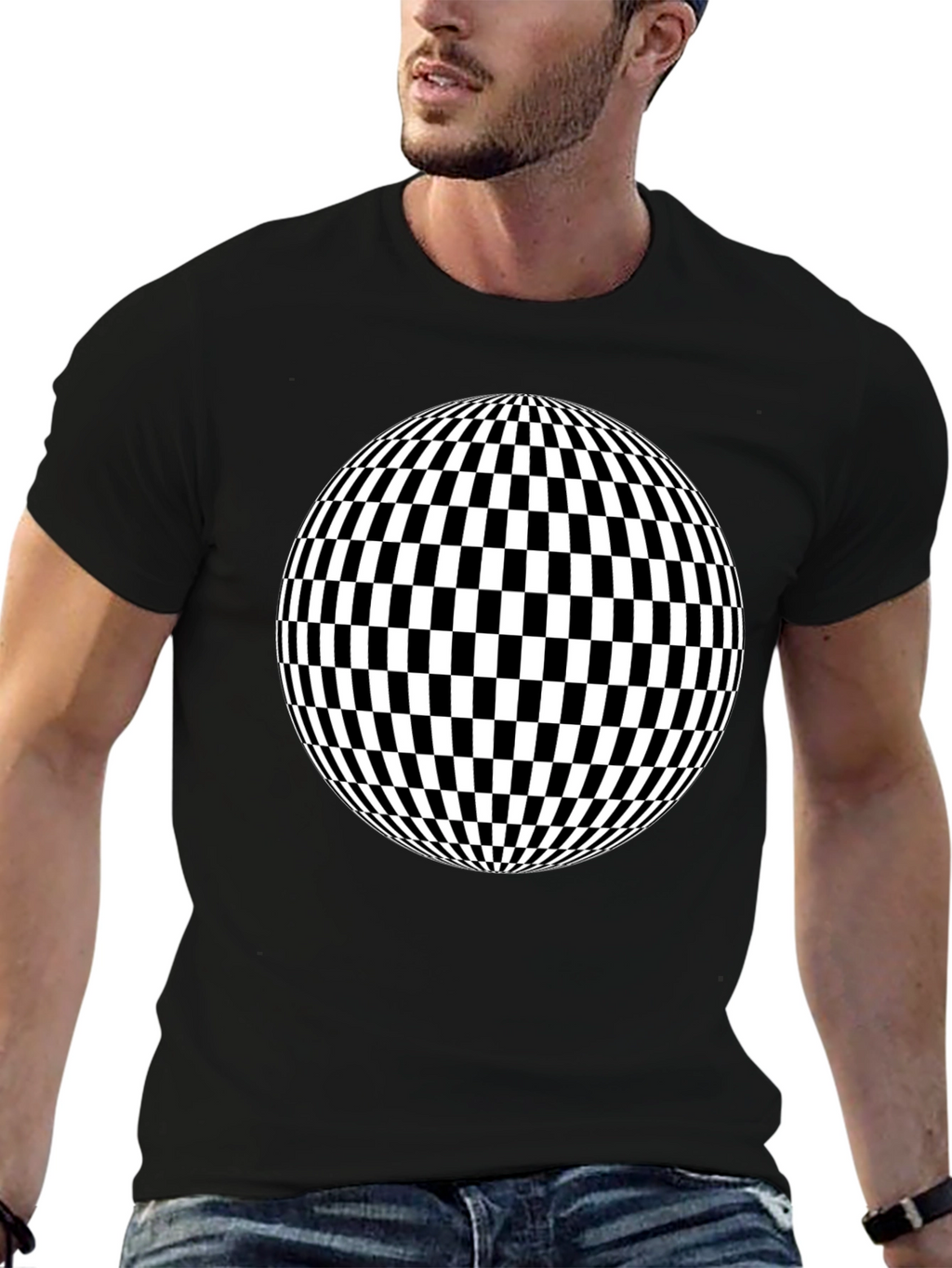 Optical Illusion Checkered Sphere Black T-Shirt