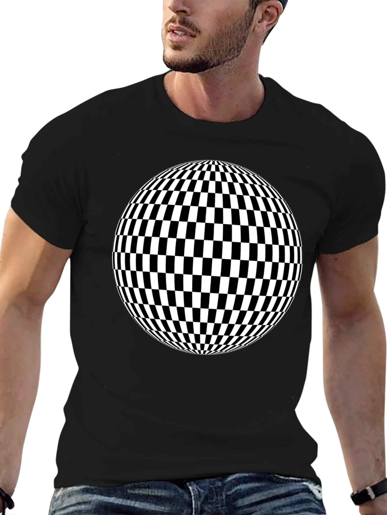 Optical Illusion Checkered Sphere Black T-Shirt