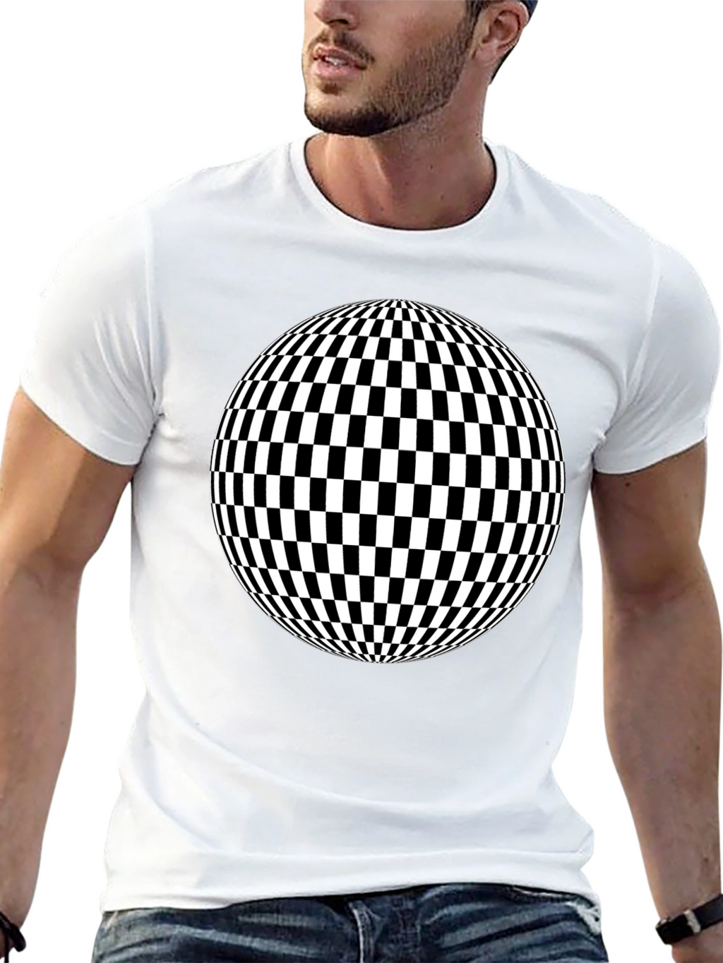Optical Illusion Checkered Sphere Black T-Shirt