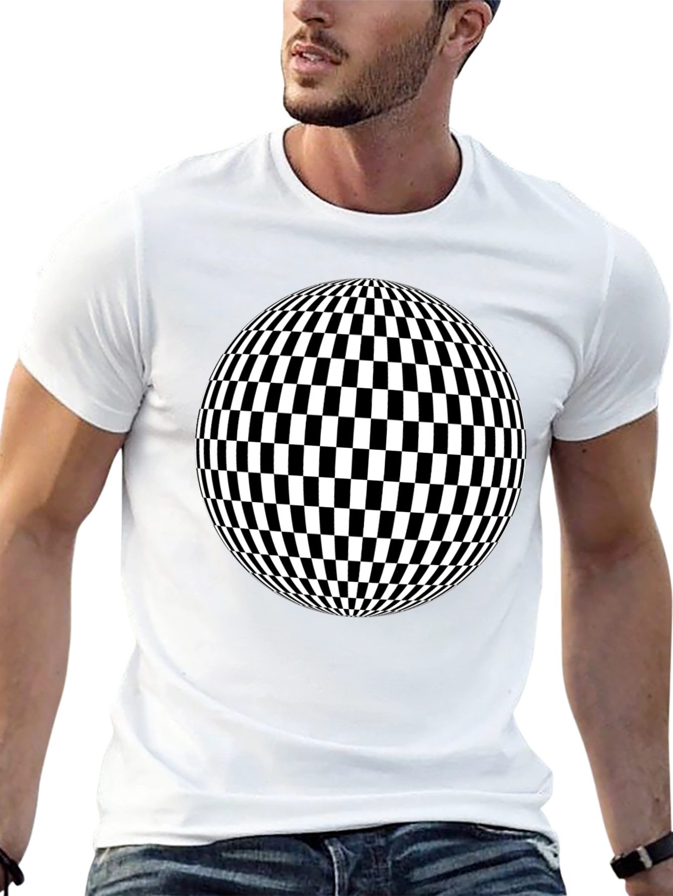Optical Illusion Checkered Sphere Black T-Shirt
