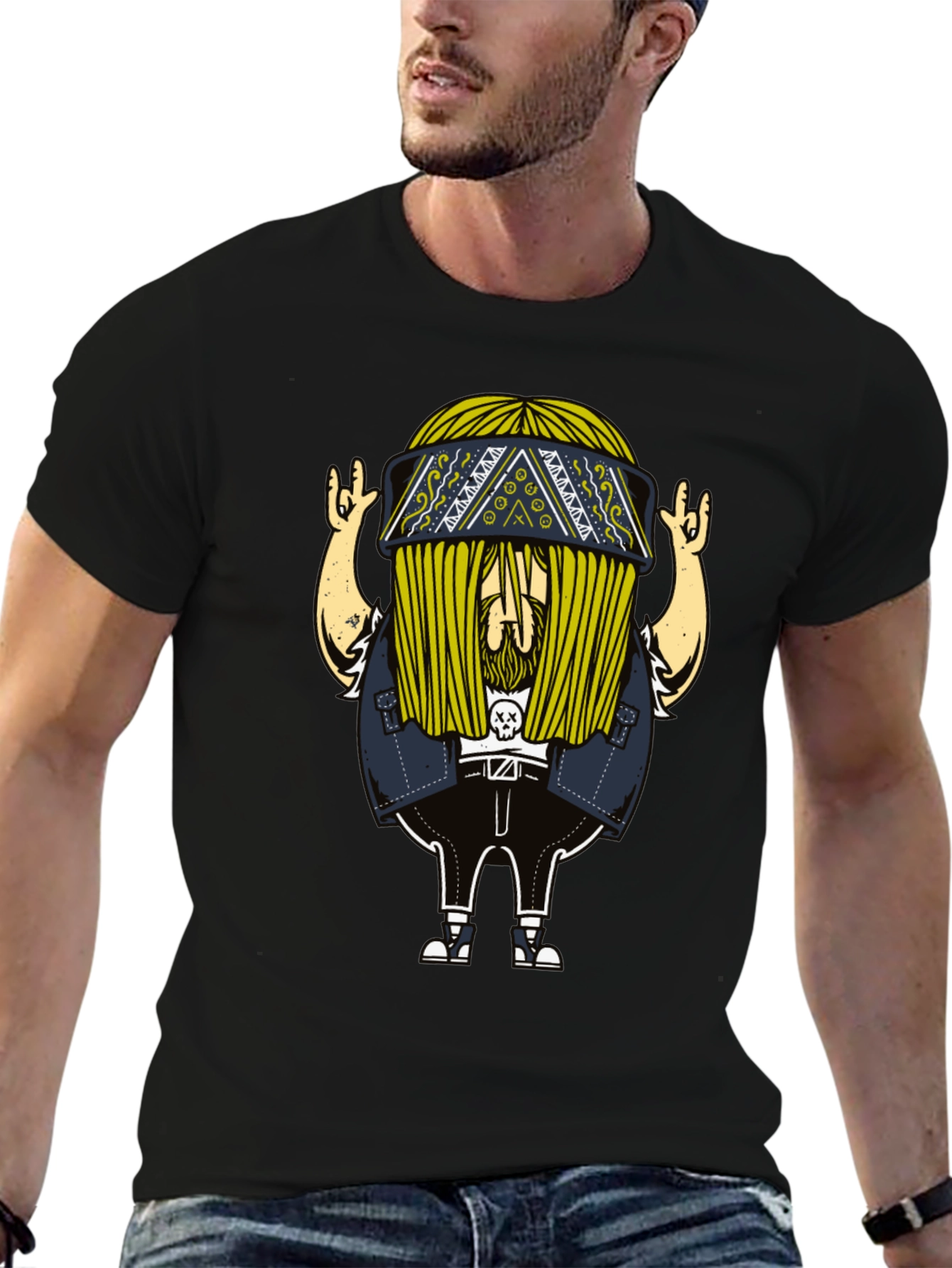 Cool Cartoon Character Print Black T-Shirt
