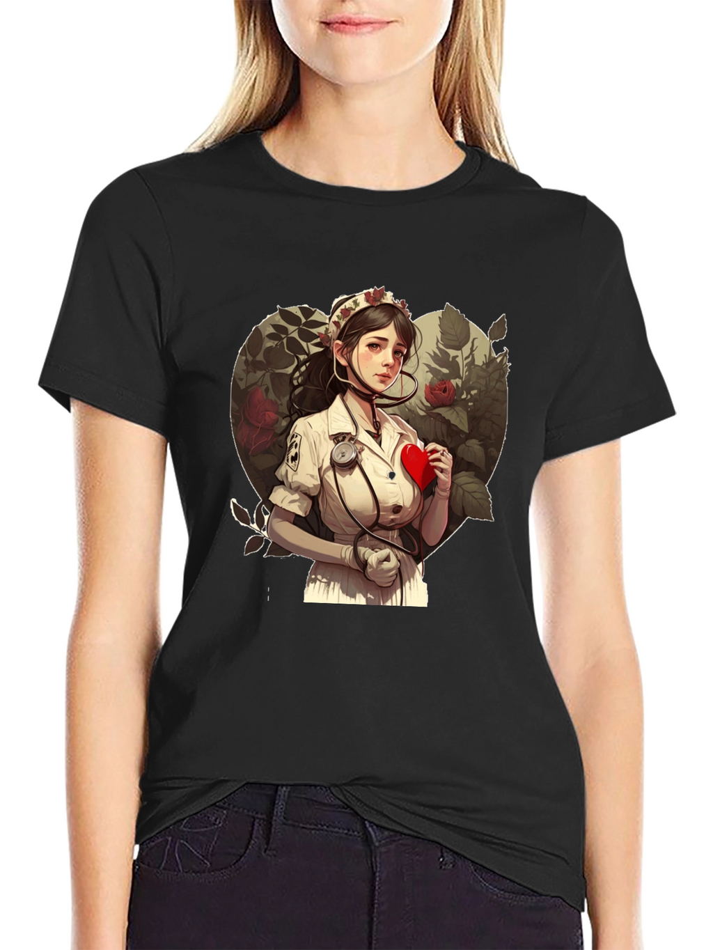 Nurse Love Heart Graphic Tee - Black