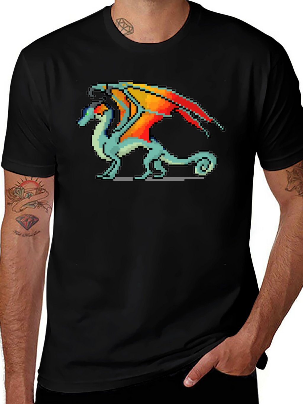 Pixelated Dragon Graphic T-Shirt - Black