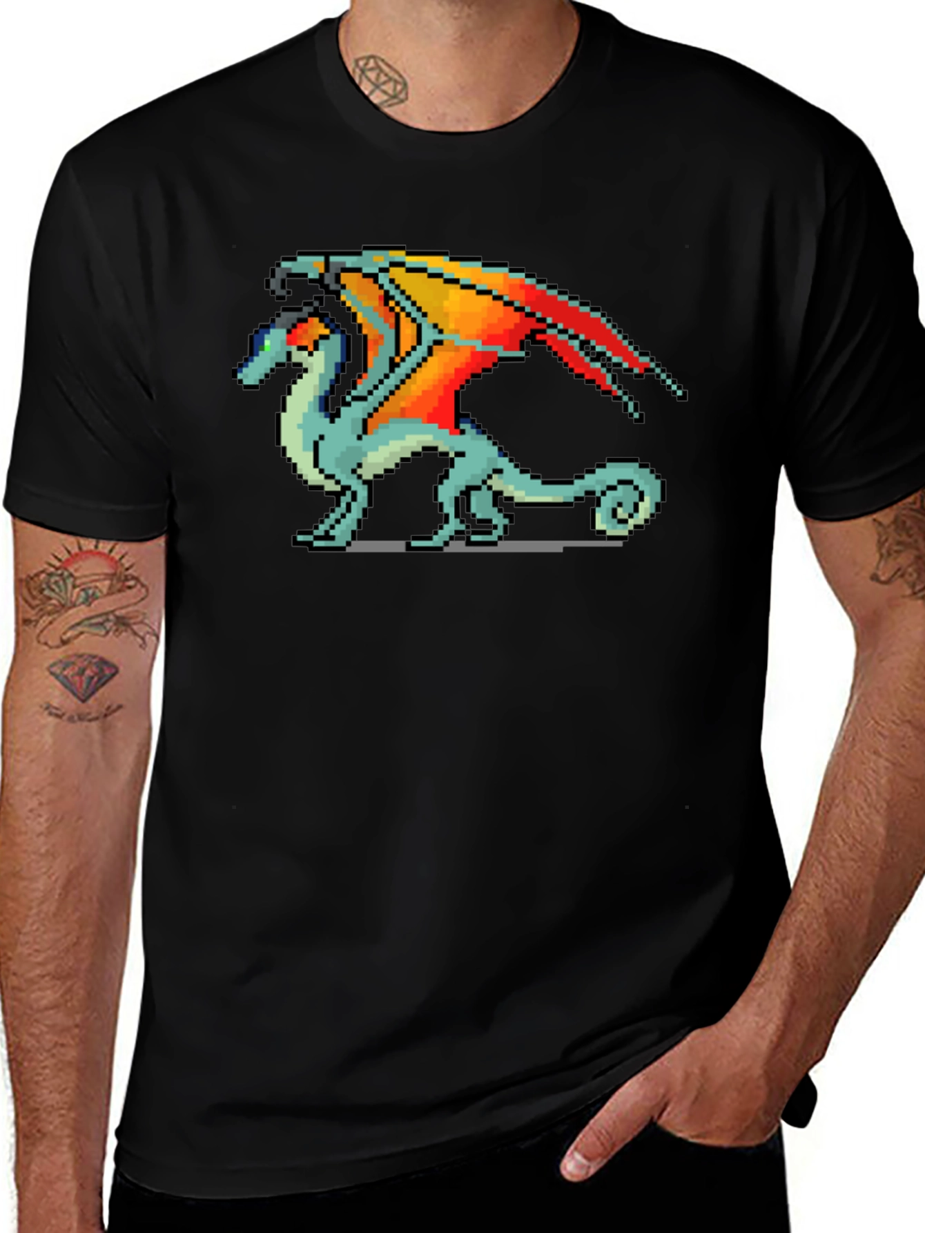 Pixelated Dragon Graphic T-Shirt - Black
