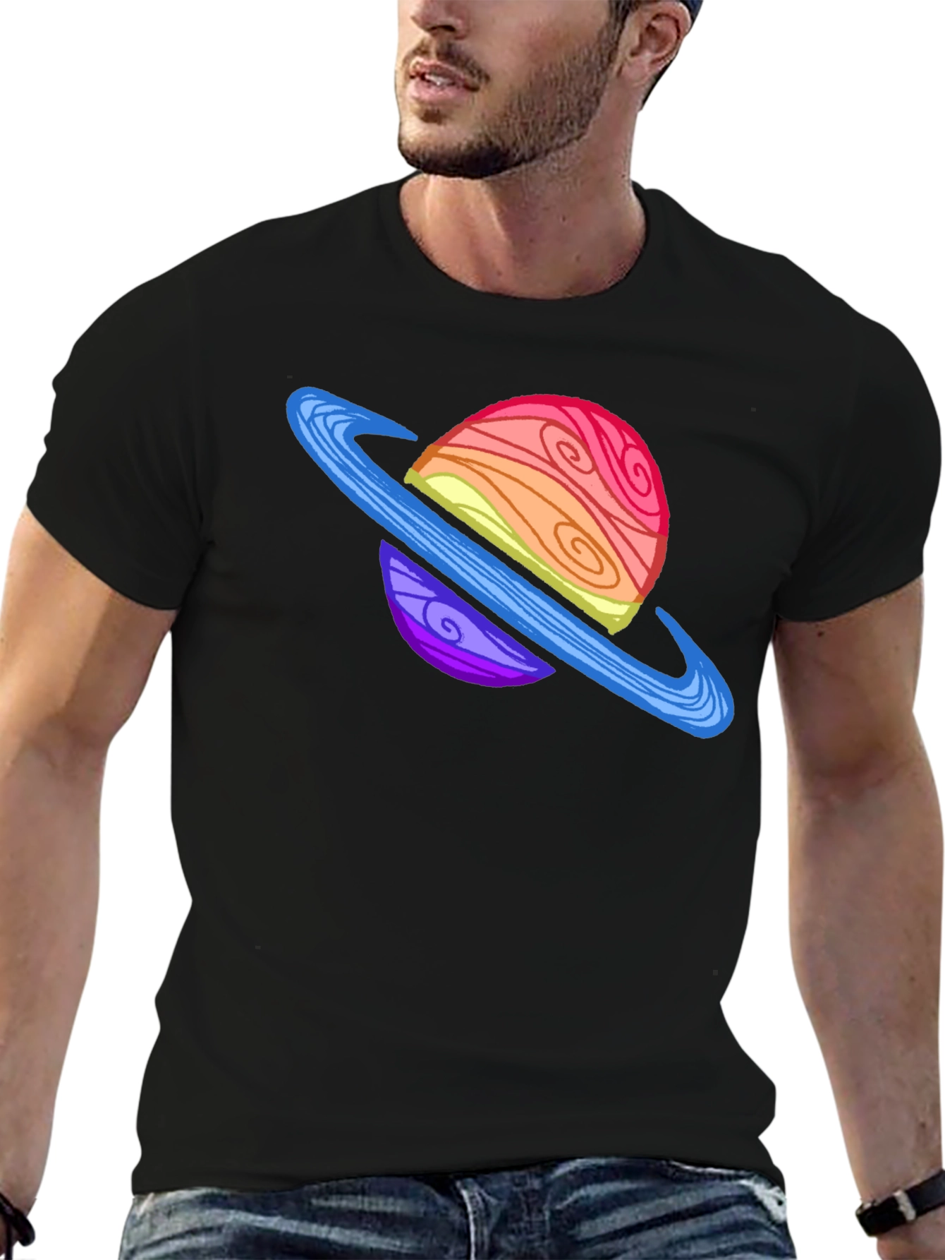 Cartoon Planet Graphic Tee - Black Crew Neck T-Shirt