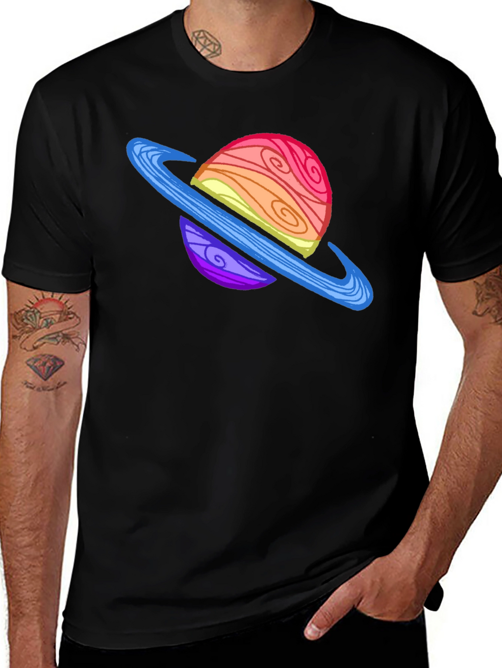 Cartoon Planet Graphic Tee - Black Crew Neck T-Shirt