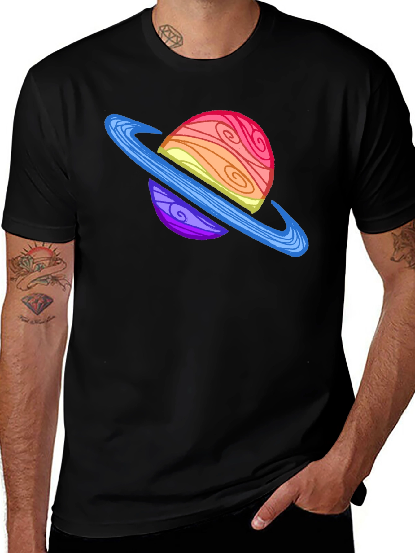 Cartoon Planet Graphic Tee - Black Crew Neck T-Shirt
