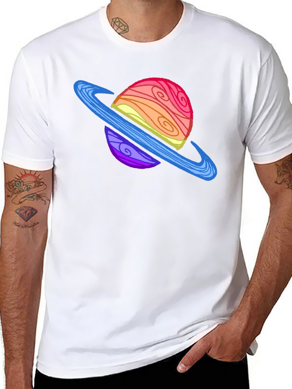 Cartoon Planet Graphic Tee - Black Crew Neck T-Shirt