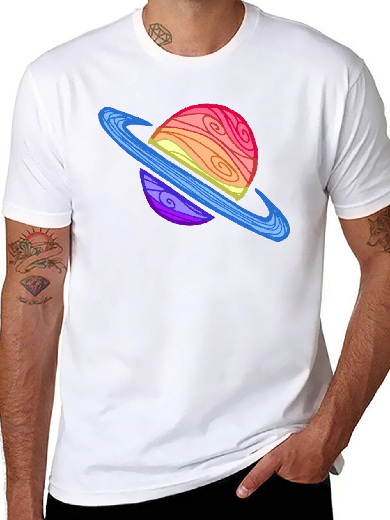 Cartoon Planet Graphic Tee - Black Crew Neck T-Shirt
