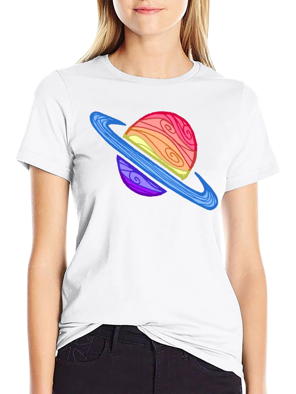 Cartoon Planet Graphic Tee - Black Crew Neck T-Shirt