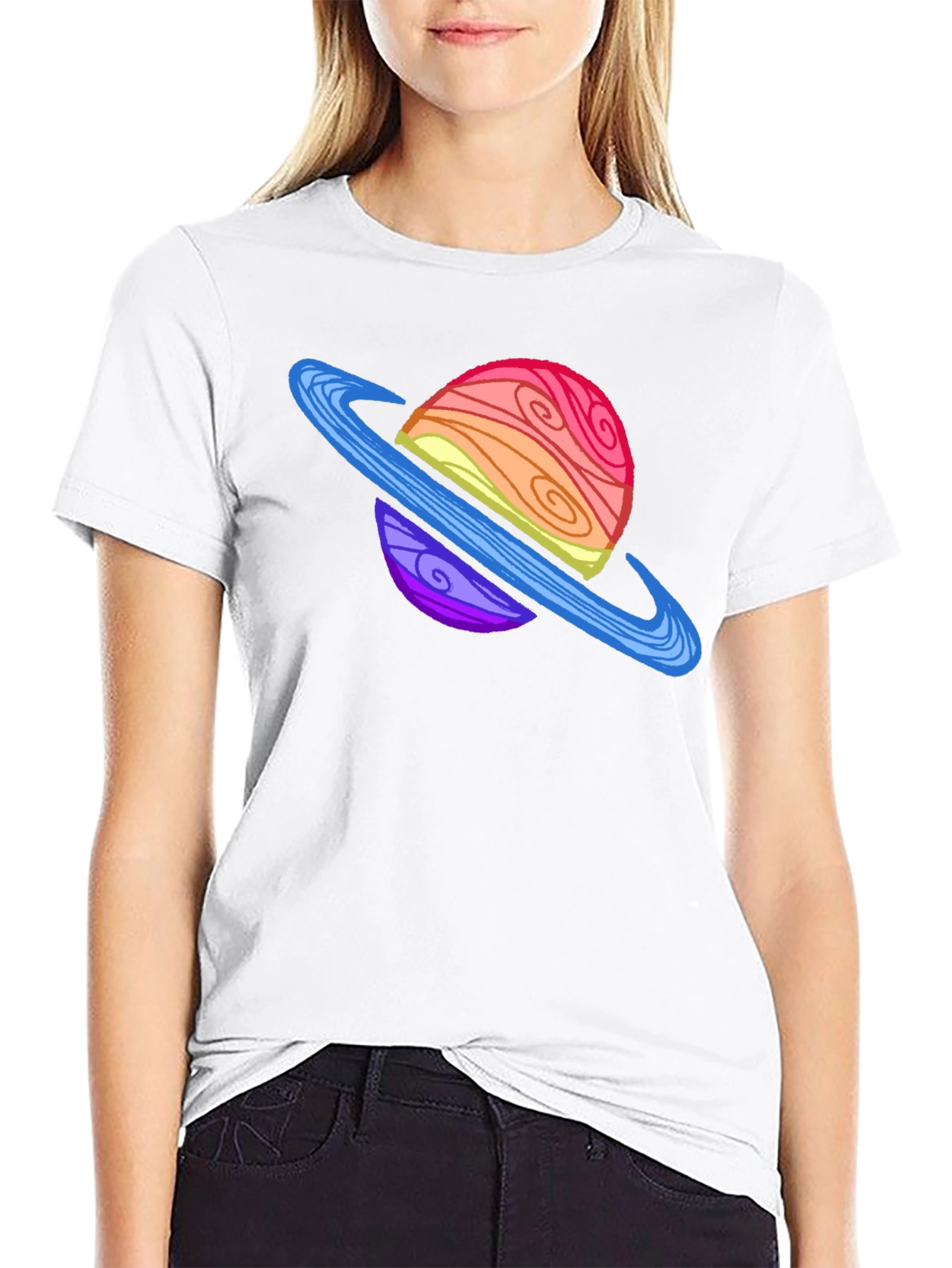 Cartoon Planet Graphic Tee - Black Crew Neck T-Shirt