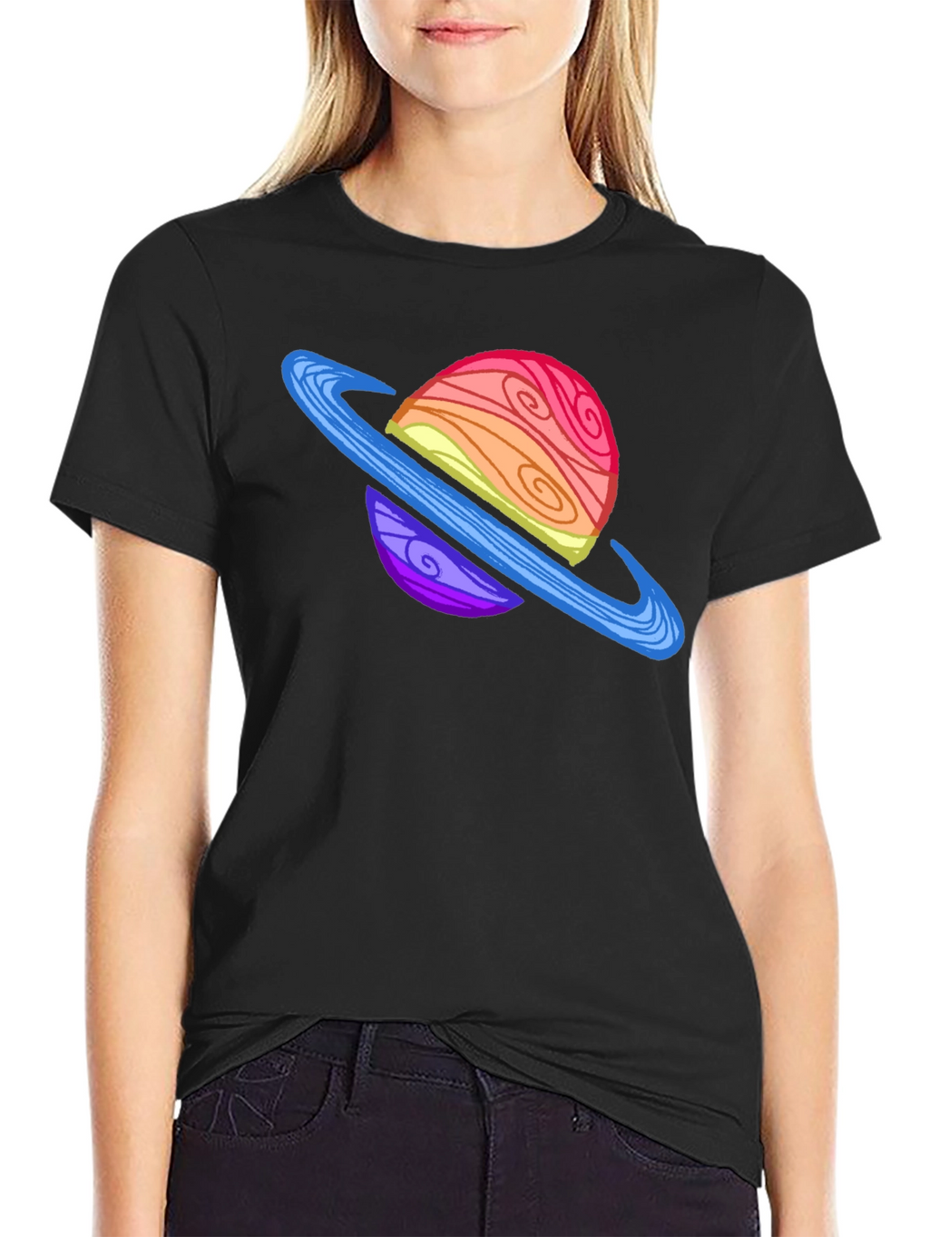 Cartoon Planet Graphic Tee - Black Crew Neck T-Shirt