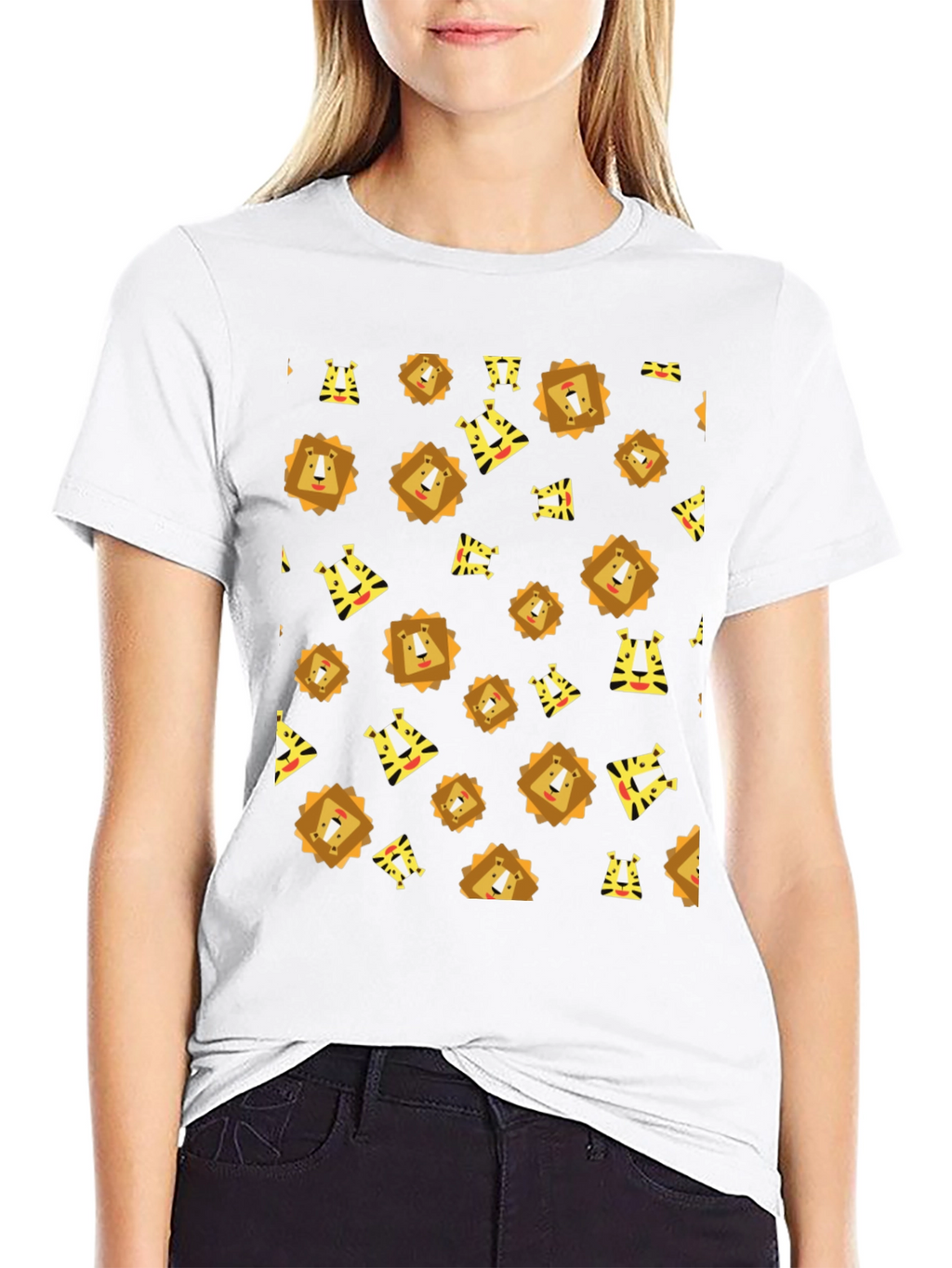 Lion and Tiger Pattern Black T-Shirt